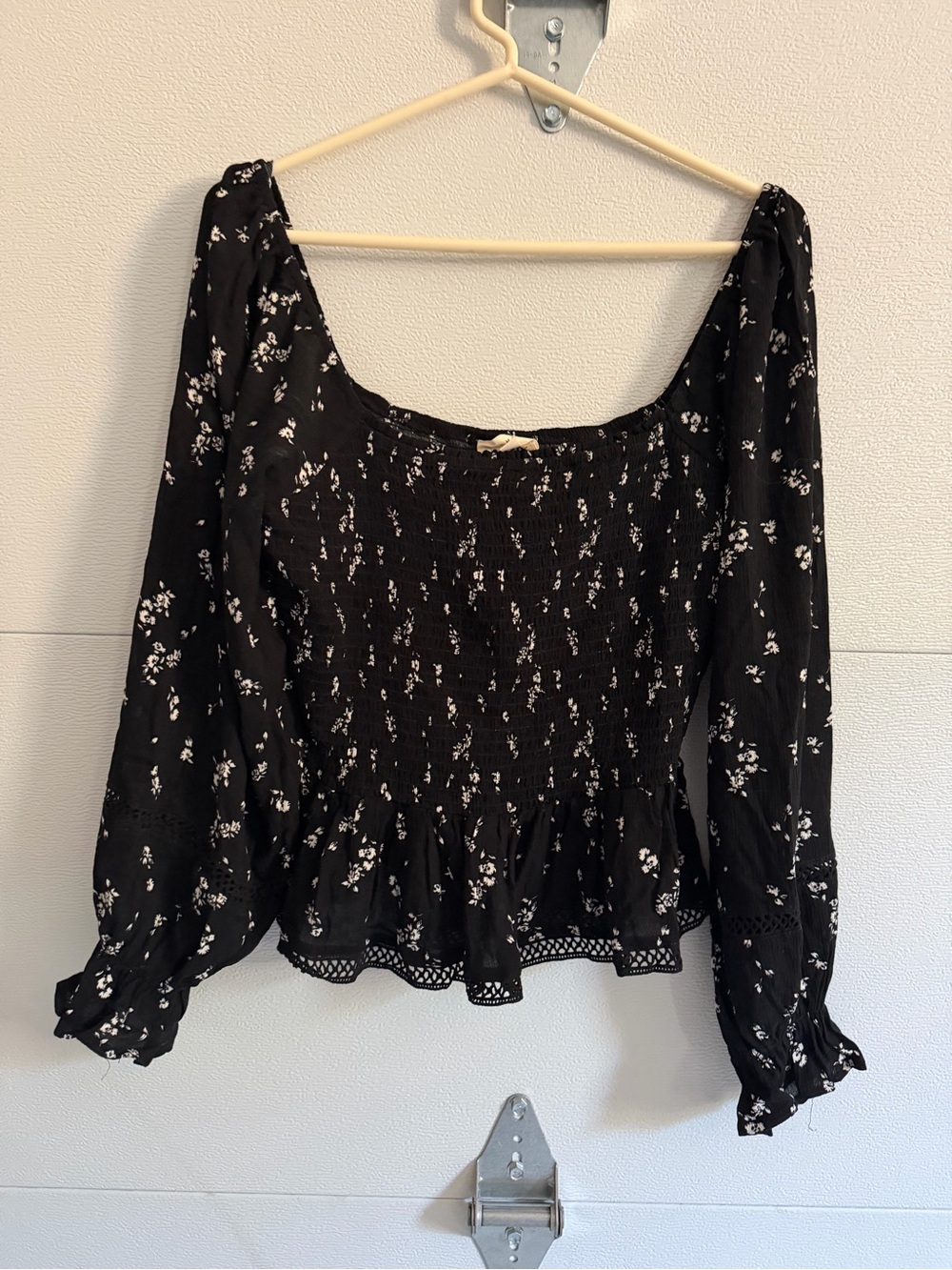 Promesa Black Floral Smocked Blouse with Ruffle Hem